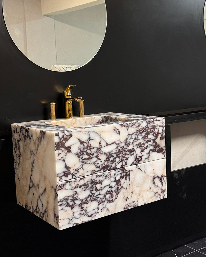 Luxury Calacatta Viola Marble Wall Mounted Bathroom Vanity with Integrated Sink and Double Storage Drawers