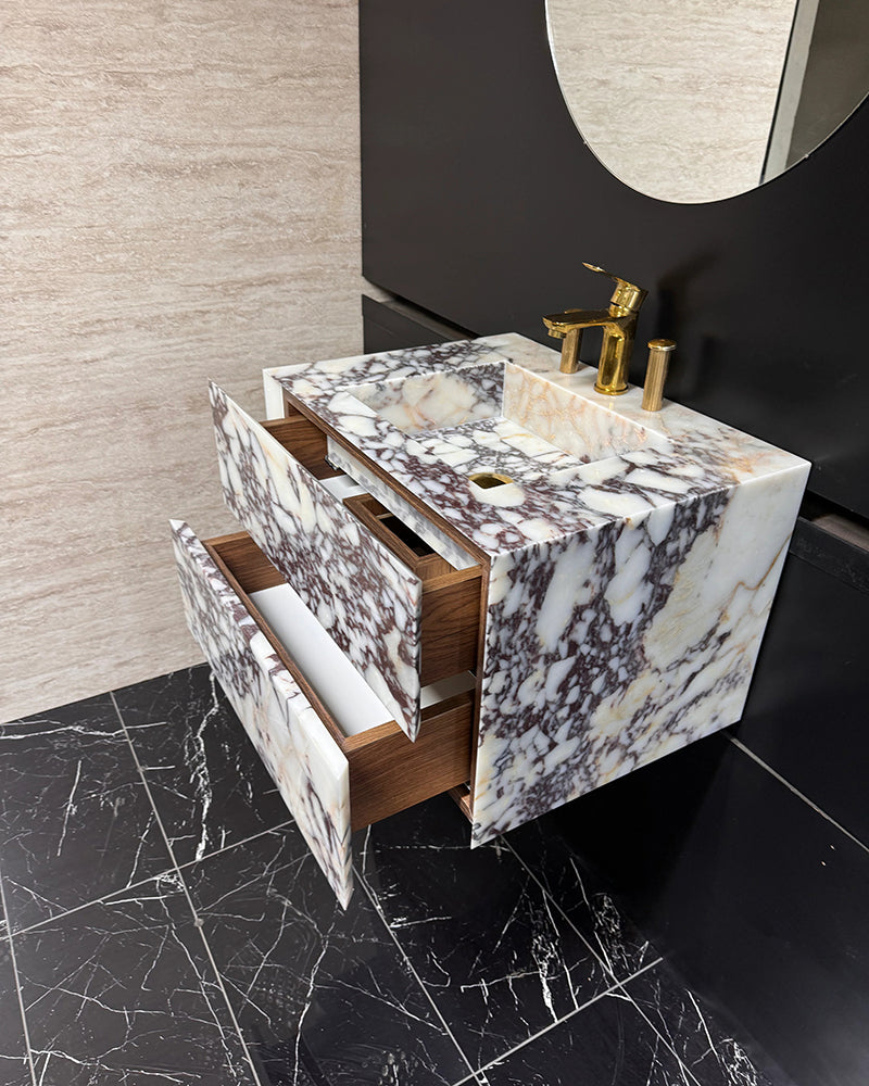 Luxury Calacatta Viola Marble Wall Mounted Bathroom Vanity with Integrated Sink and Double Storage Drawers