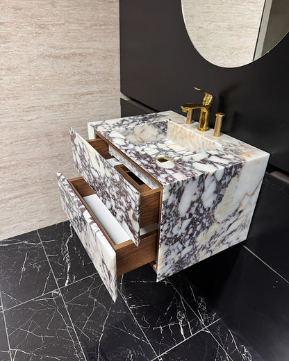 Luxury Calacatta Viola Marble Wall Mounted Bathroom Vanity with Integrated Sink and Double Storage Drawers