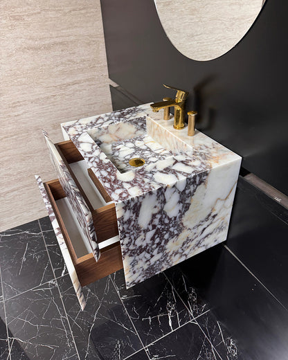 Luxury Calacatta Viola Marble Wall Mounted Bathroom Vanity with Integrated Sink and Double Storage Drawers