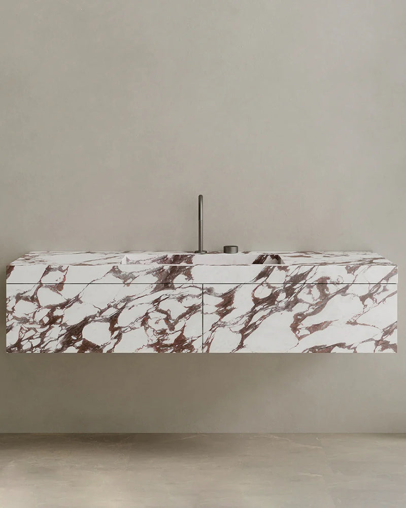 170cm Large Floating Marble Bathroom Vanity with Double Drawer Cabinet, Natural Stone Countertop & Luxury Design