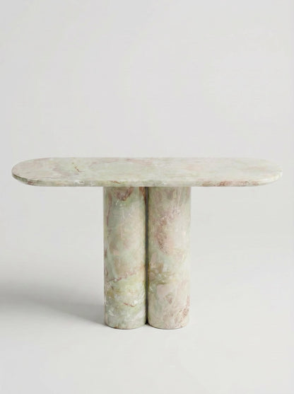 Light Green Natural Marble Double Column Oval Console Table, Luxury Entryway Accent Table for Home Decor