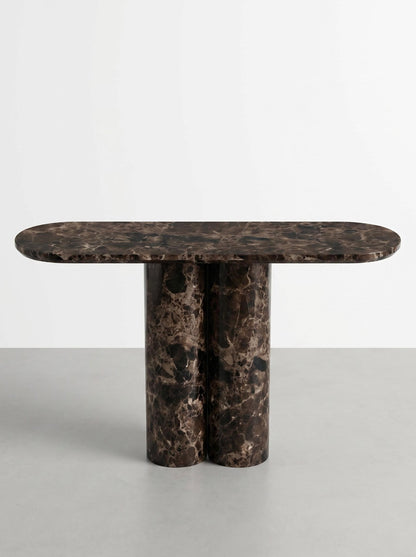 Luxury Emperador Marble Console Table with Oval Shape Top and Double Cylinder Legs