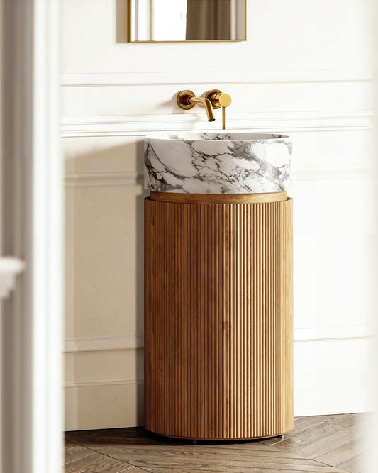 Sculptural Arabescato Marble Pedestal Vanity with Round Wood Cabinet and Open Storage Shelves