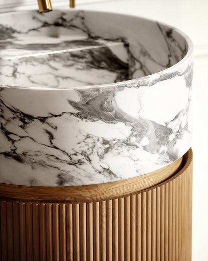 Sculptural Arabescato Marble Pedestal Vanity with Round Wood Cabinet and Open Storage Shelves