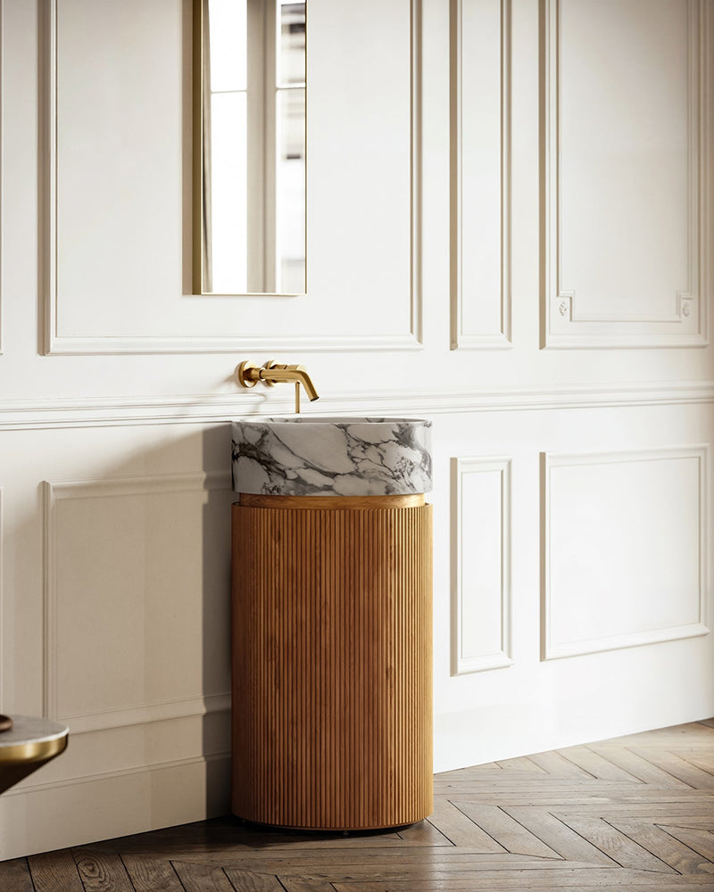 Sculptural Arabescato Marble Pedestal Vanity with Round Wood Cabinet and Open Storage Shelves