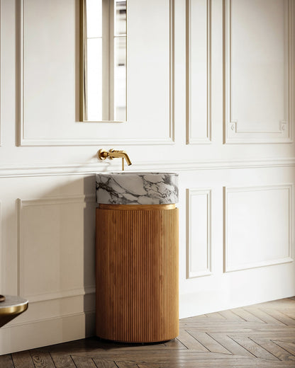Sculptural Arabescato Marble Pedestal Vanity with Round Wood Cabinet and Open Storage Shelves