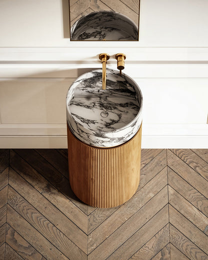 Sculptural Arabescato Marble Pedestal Vanity with Round Wood Cabinet and Open Storage Shelves