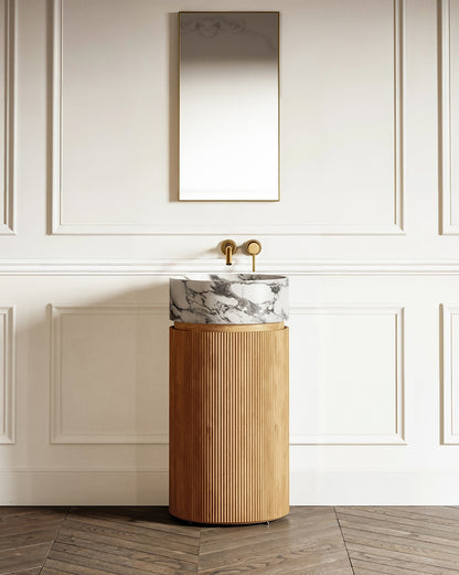 Sculptural Arabescato Marble Pedestal Vanity with Round Wood Cabinet and Open Storage Shelves