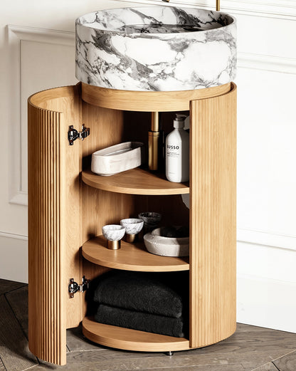 Sculptural Arabescato Marble Pedestal Vanity with Round Wood Cabinet and Open Storage Shelves