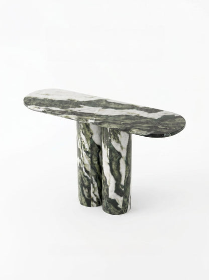 Green Forest Marble Console Table with Oval Shape Top and Double Cylinder Legs