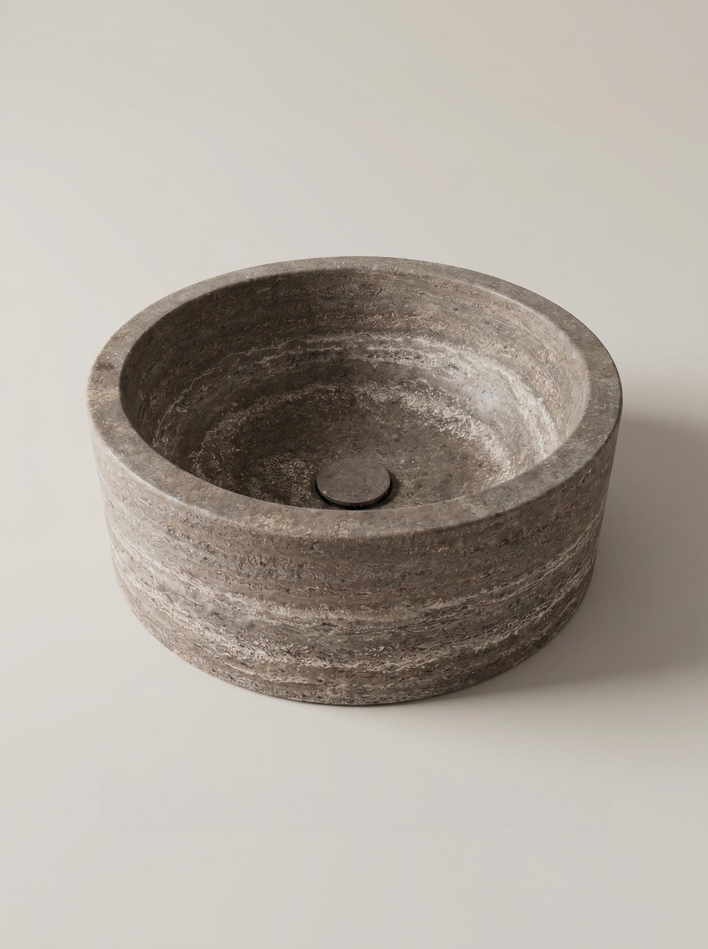 Luxury Silver Travertine Round Vessel Sink with Natural Stone Texture 43.2cm