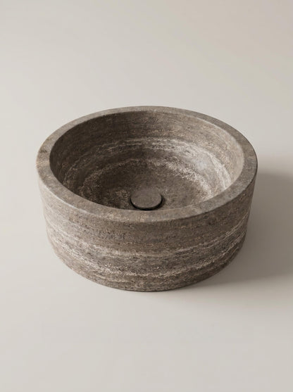 Luxury Silver Travertine Round Vessel Sink with Natural Stone Texture 43.2cm