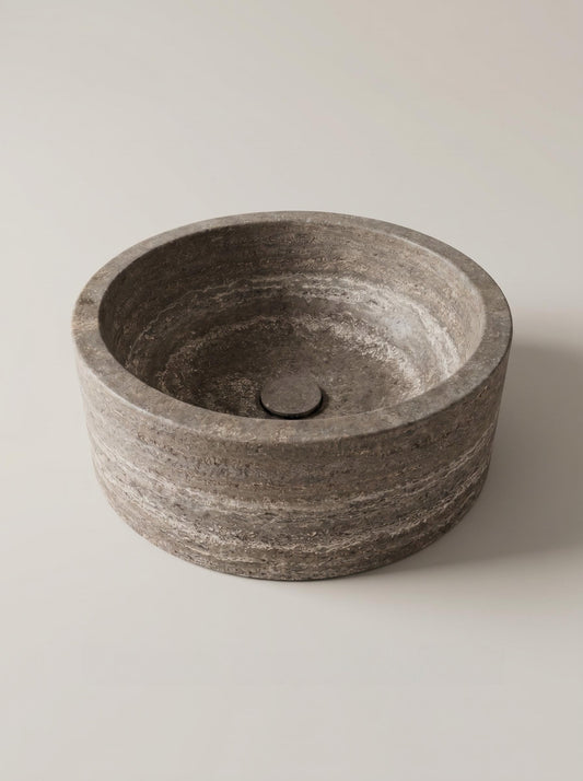 Luxury Silver Travertine Round Vessel Sink with Natural Stone Texture 43.2cm