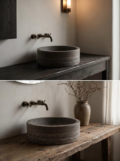 Luxury Silver Travertine Round Vessel Sink with Natural Stone Texture 43.2cm