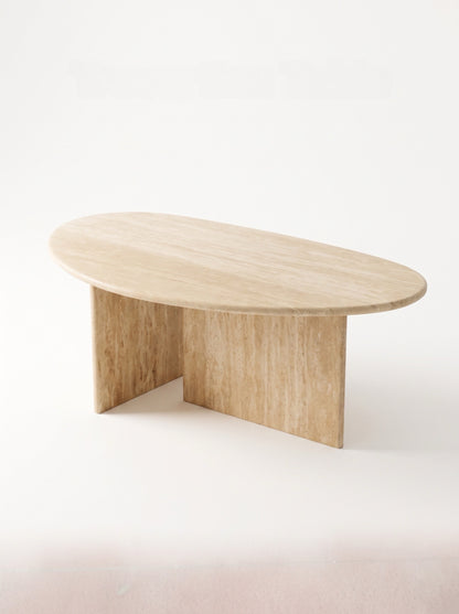Luxury Beige Travertine Organic Egg Shape Coffee Table | Sculptural Natural Stone Center Table