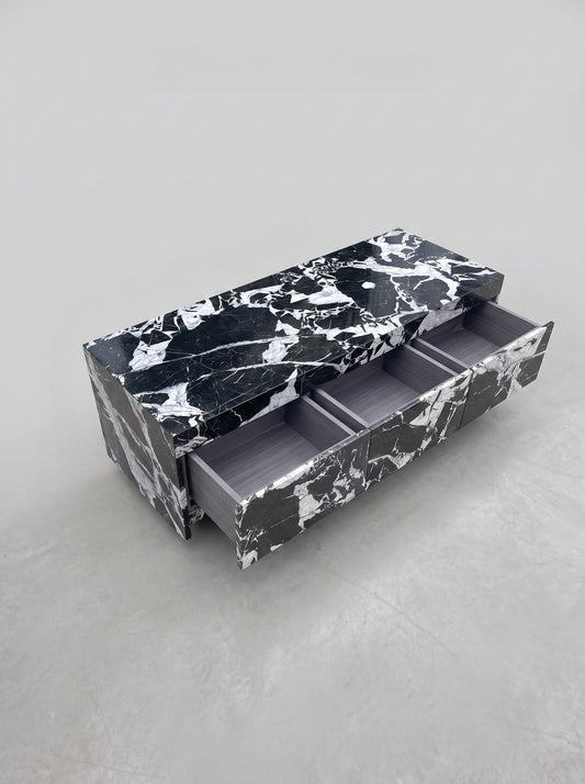 Sculptural Grand Antique Marble Plinth Coffee Table with Built-In Storage Drawer