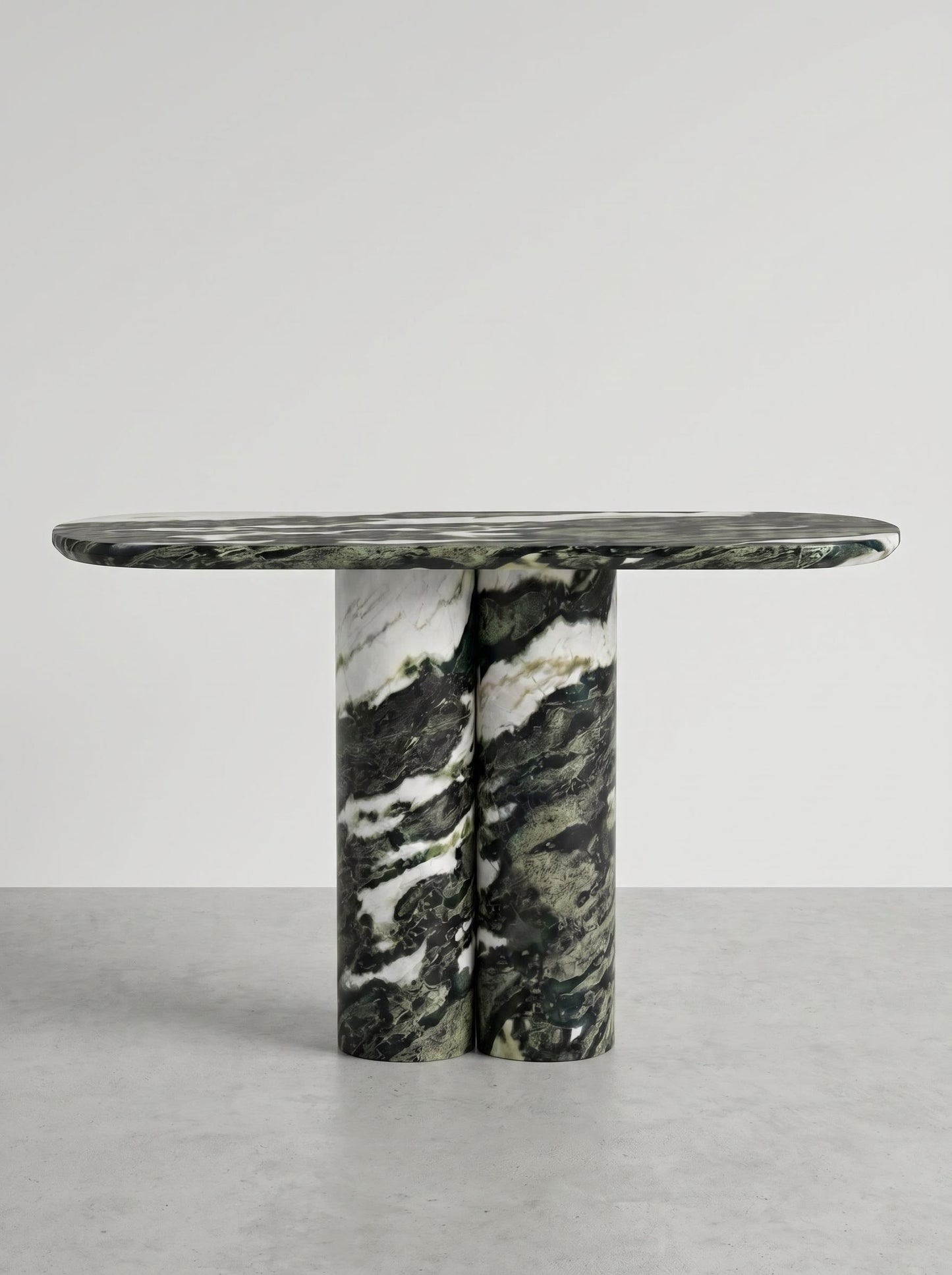Green Forest Marble Console Table with Oval Shape Top and Double Cylinder Legs