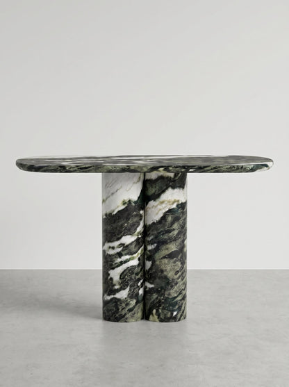 Green Forest Marble Console Table with Oval Shape Top and Double Cylinder Legs