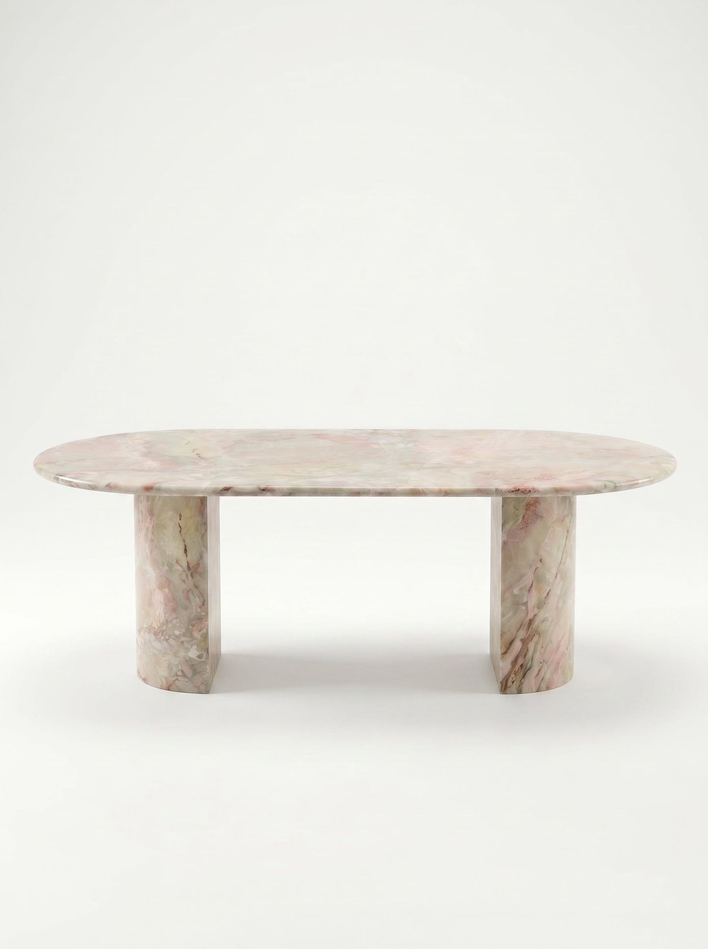 Natural Luxury Stone Oval Dining Table, One-Piece Solid Slab Cut, Unique Pink-Green Natural Veining, Sturdy Double Pedestal Base for Home Dining & Gatherings