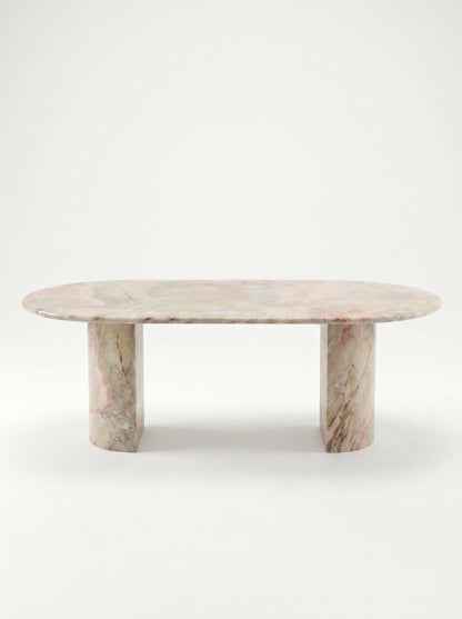 Natural Luxury Stone Oval Dining Table, One-Piece Solid Slab Cut, Unique Pink-Green Natural Veining, Sturdy Double Pedestal Base for Home Dining & Gatherings