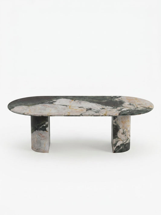 Sculptural Les Quatre Saisons Natural Marble Oval Dining Table with Architectural D Base