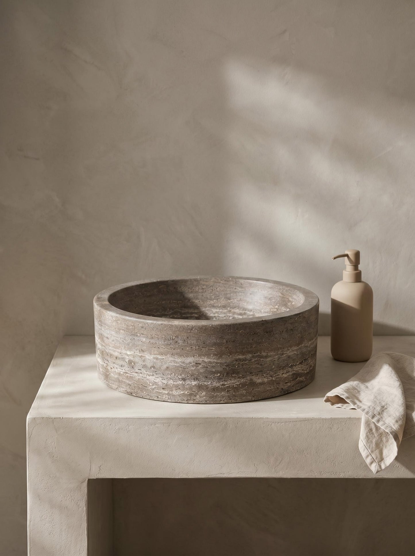Luxury Silver Travertine Round Vessel Sink with Natural Stone Texture 43.2cm