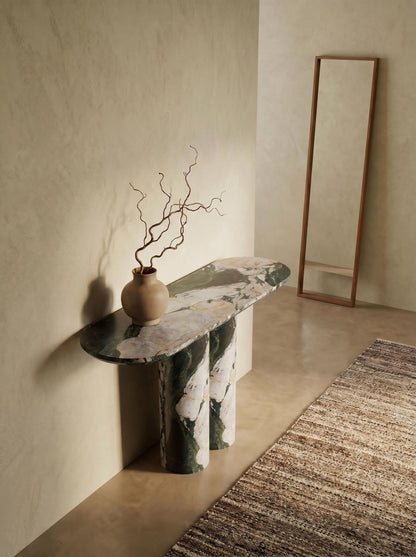 Luxury Les Quatre Saisons Marble Console Table with Oval Top and Double Cylinder Legs