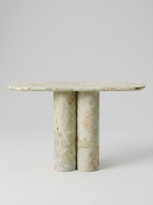 Light Green Natural Marble Double Column Oval Console Table, Luxury Entryway Accent Table for Home Decor