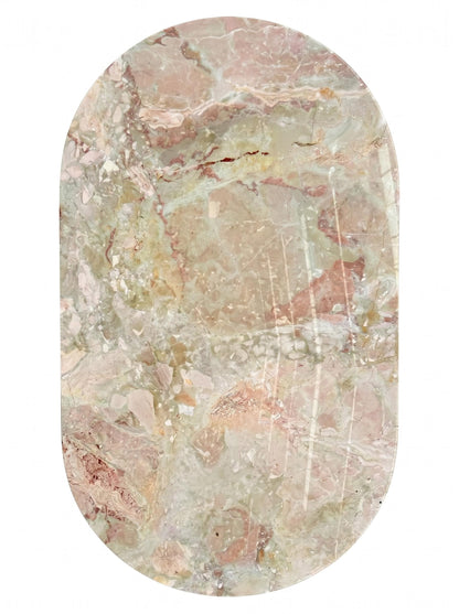 Natural Luxury Stone Oval Dining Table, One-Piece Solid Slab Cut, Unique Pink-Green Natural Veining, Sturdy Double Pedestal Base for Home Dining & Gatherings