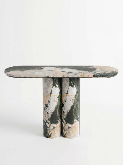 Luxury Les Quatre Saisons Marble Console Table with Oval Top and Double Cylinder Legs