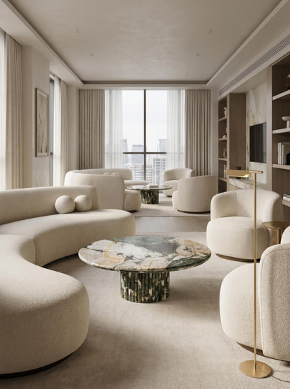 Les Quatre Saisons Natural Marble Round Coffee Table with Organic Petal Pedestal Base | Luxury Stone Furniture