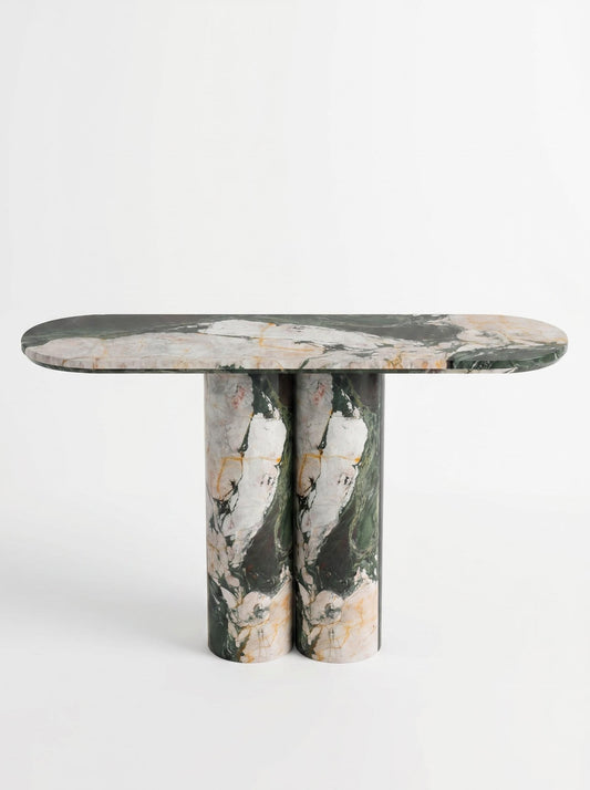 Luxury Les Quatre Saisons Marble Console Table with Oval Top and Double Cylinder Legs
