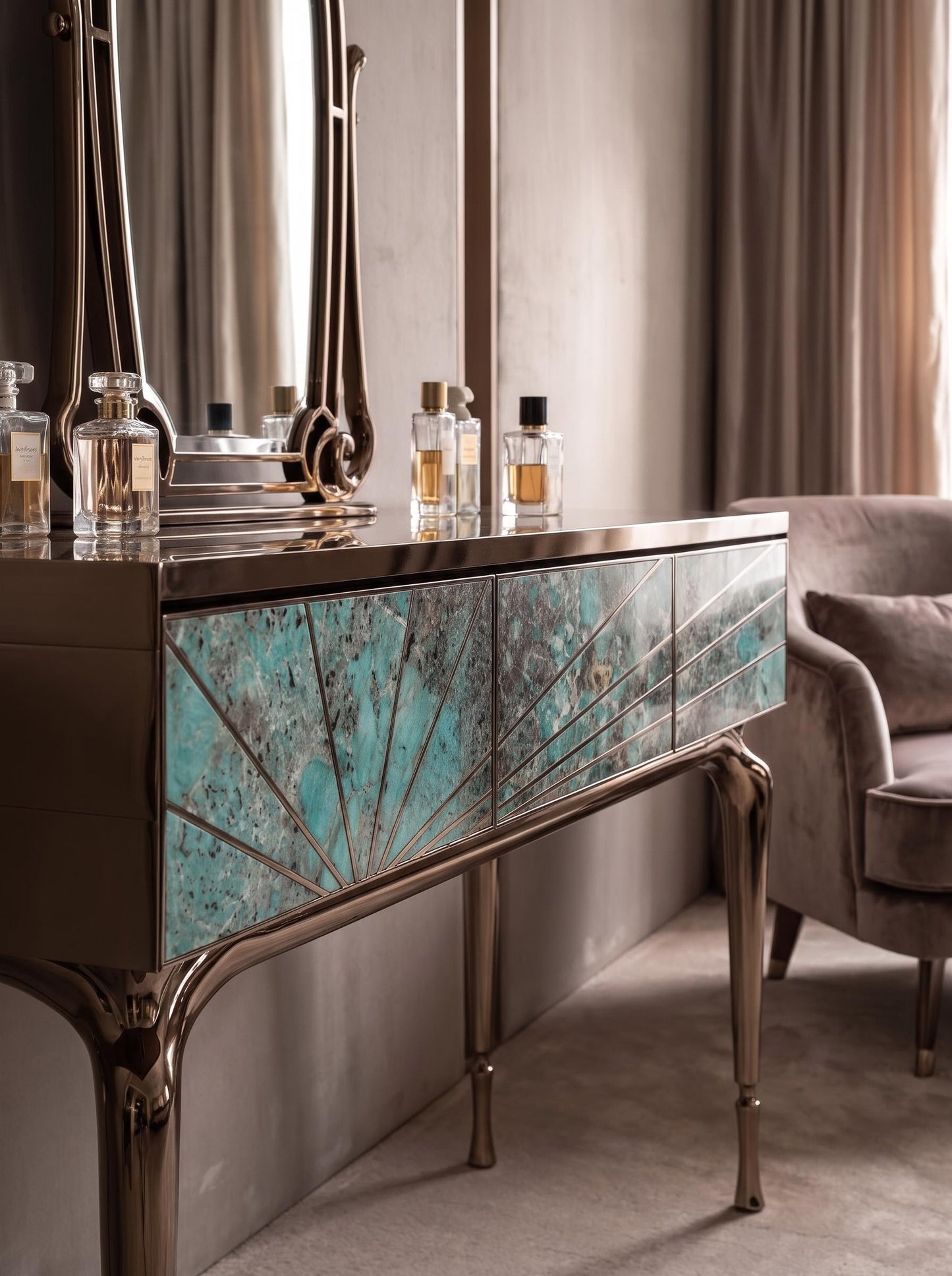 Luxury Stone Inlay Console Table with Three Drawers | Custom Natural Stone Entryway Table