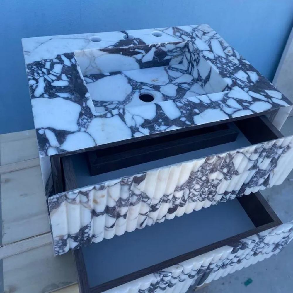 Luxury Calacatta Viola Marble Wall Mounted Bathroom Vanity with Integrated Sink and Double Storage Drawers