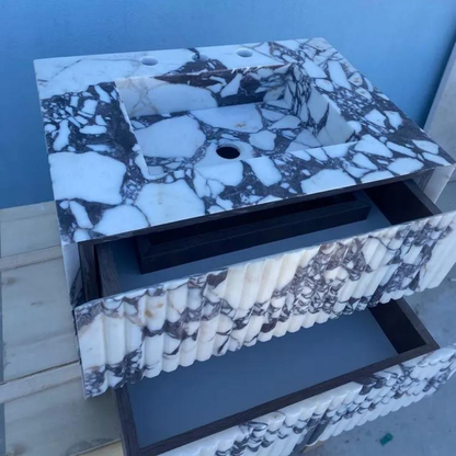 Luxury Calacatta Viola Marble Wall Mounted Bathroom Vanity with Integrated Sink and Double Storage Drawers