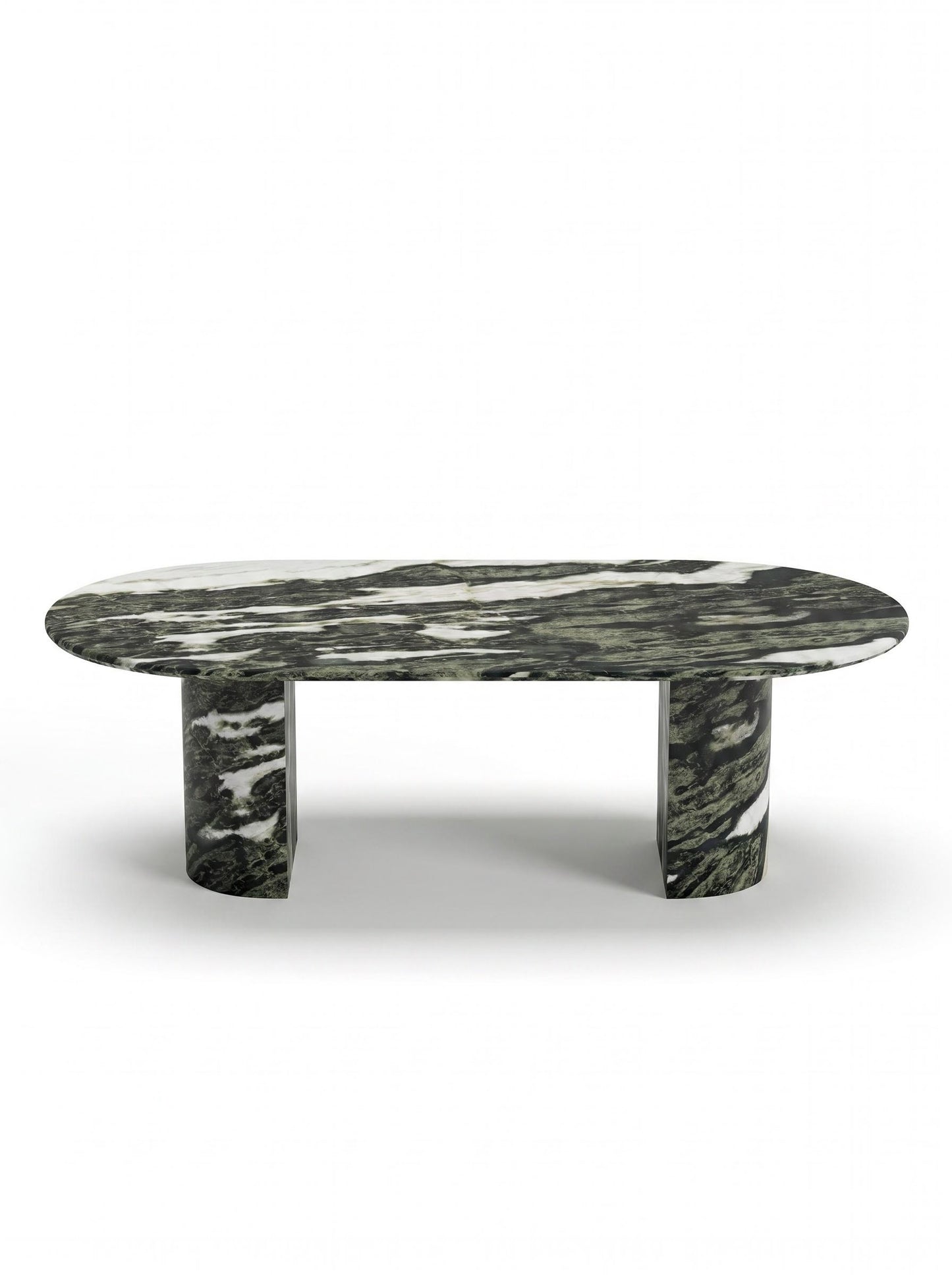 Luxury Green Forest Marble Oval Dining Table with Sculptural D-Shaped Pedestal Base