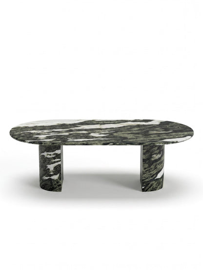 Luxury Green Forest Marble Oval Dining Table with Sculptural D-Shaped Pedestal Base