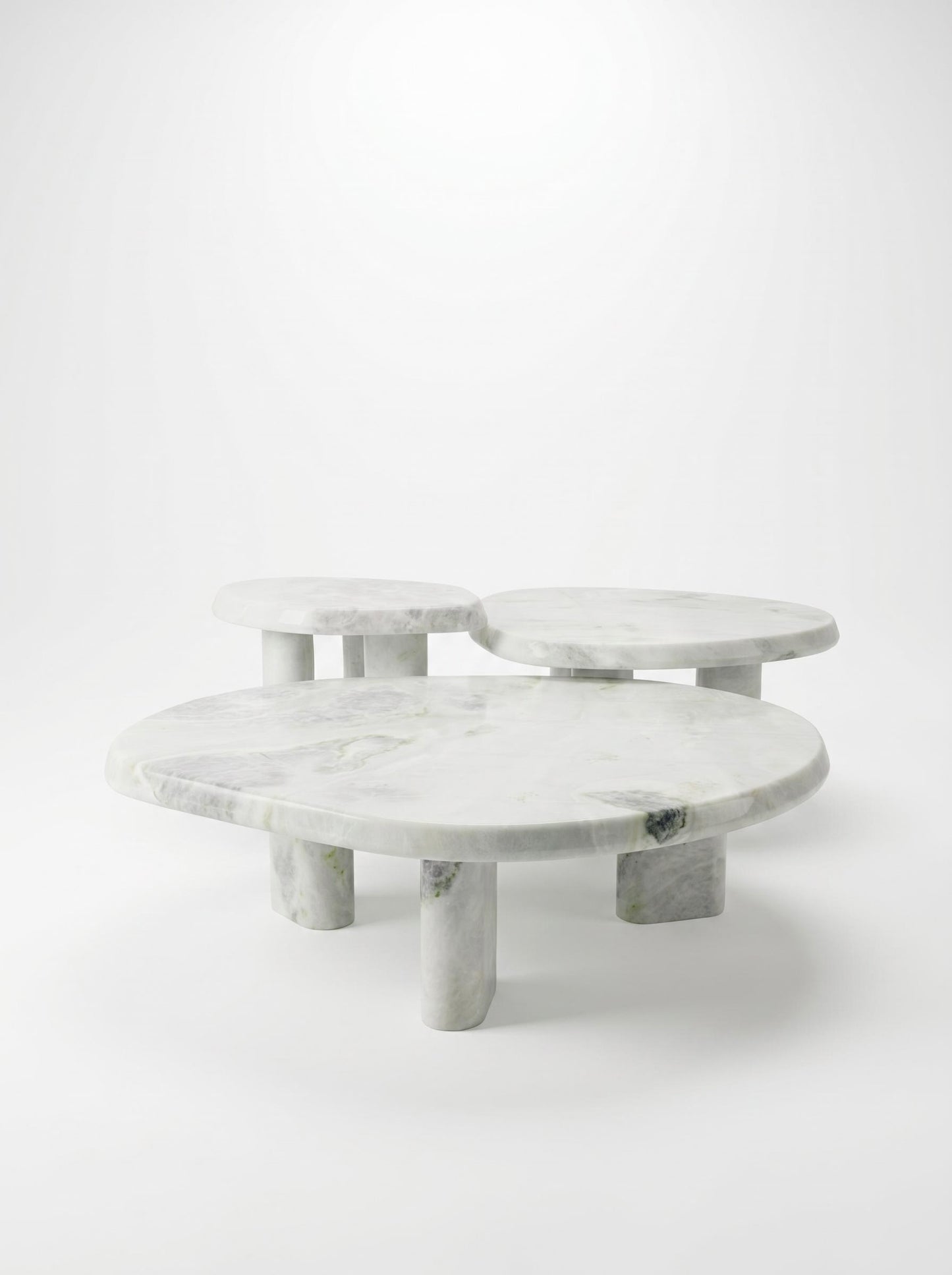 Luxury Green Forest Marble Nesting Coffee Table Set with Three Organic Sculptural Pieces