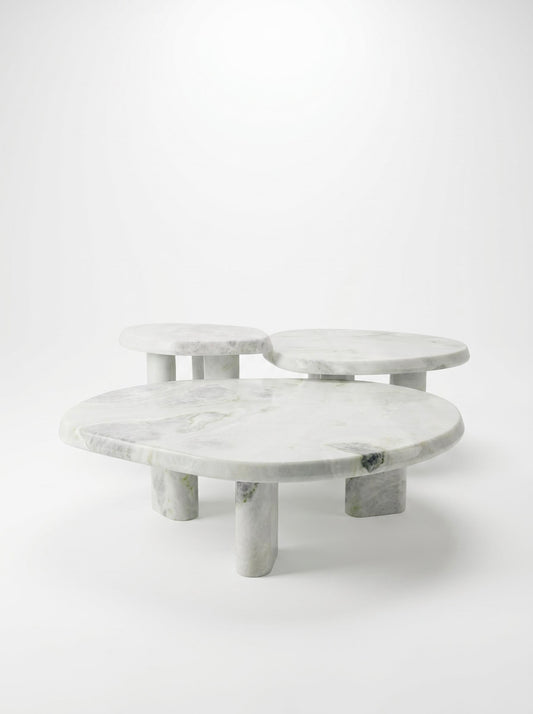 Luxury Green Forest Marble Nesting Coffee Table Set with Three Organic Sculptural Pieces