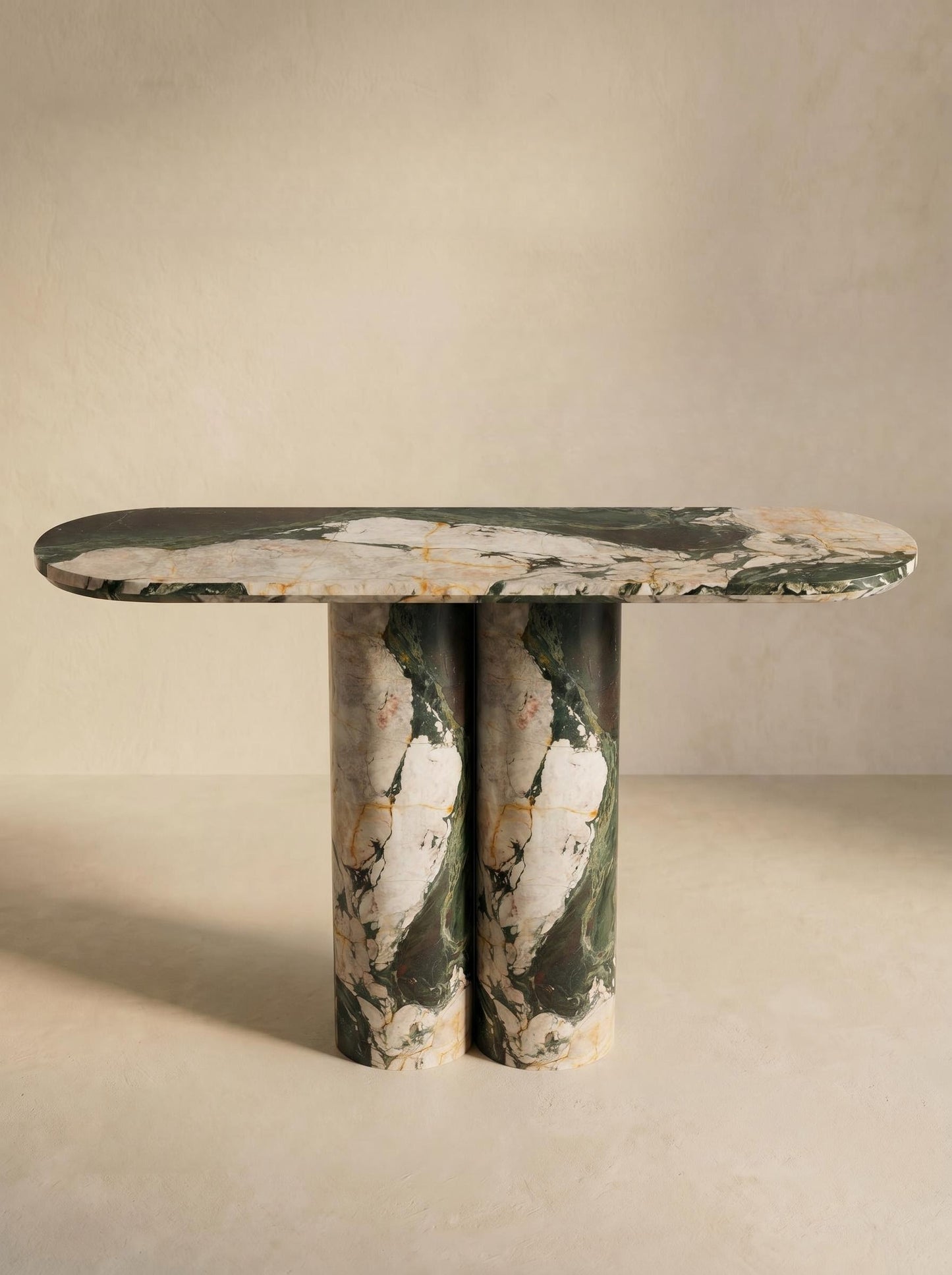 Luxury Les Quatre Saisons Marble Console Table with Oval Top and Double Cylinder Legs