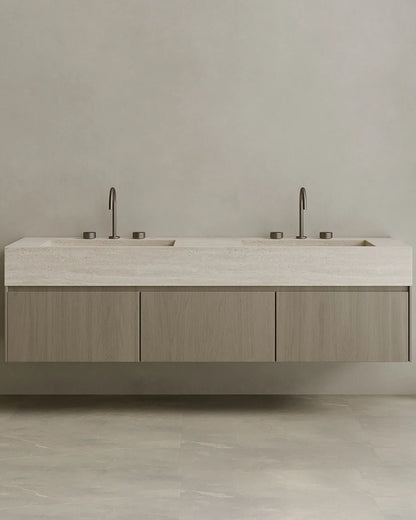 Floating Double Sink Bathroom Vanity with Natural Stone Countertop & Three Large Storage Drawers 210cm