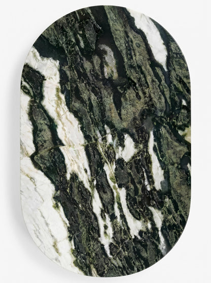 Luxury Green Forest Marble Oval Dining Table with Sculptural D-Shaped Pedestal Base