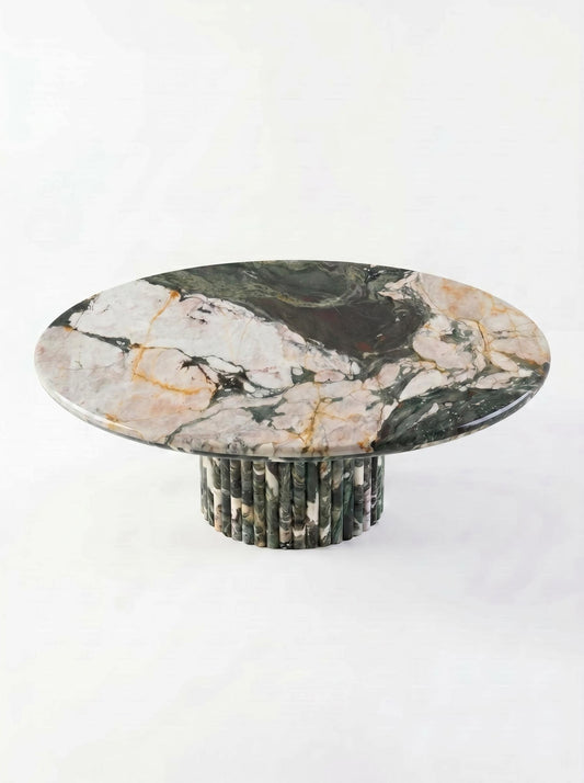 Les Quatre Saisons Natural Marble Round Coffee Table with Organic Petal Pedestal Base | Luxury Stone Furniture
