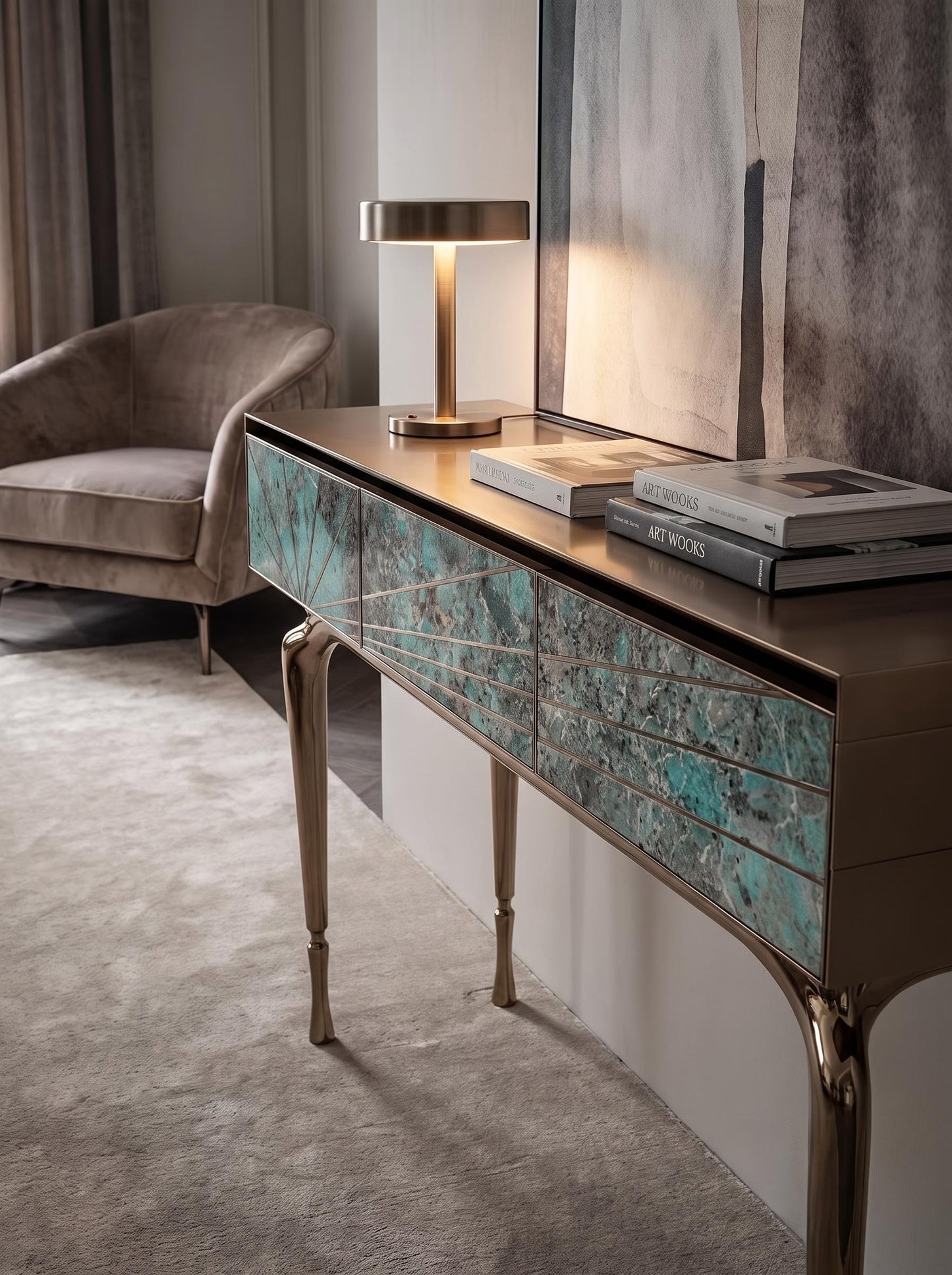 Luxury Stone Inlay Console Table with Three Drawers | Custom Natural Stone Entryway Table