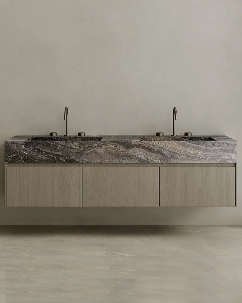Floating Double Sink Bathroom Vanity with Natural Stone Countertop & Three Large Storage Drawers 210cm