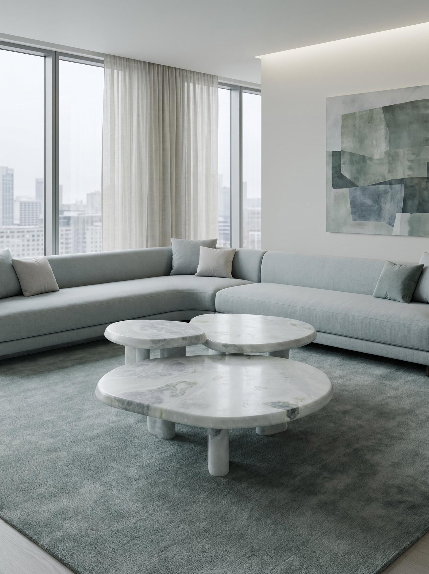 Luxury Green Forest Marble Nesting Coffee Table Set with Three Organic Sculptural Pieces