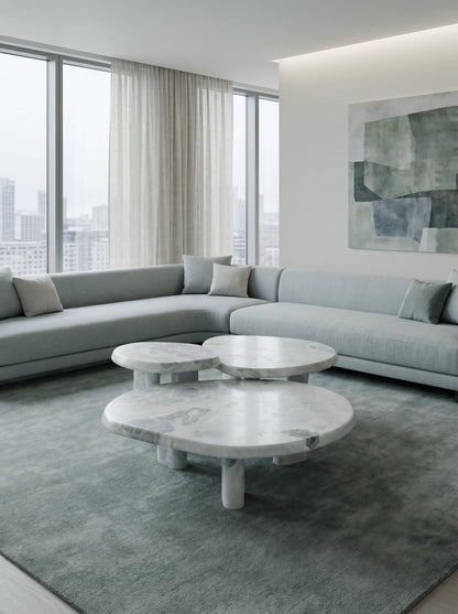 Luxury Green Forest Marble Nesting Coffee Table Set with Three Organic Sculptural Pieces