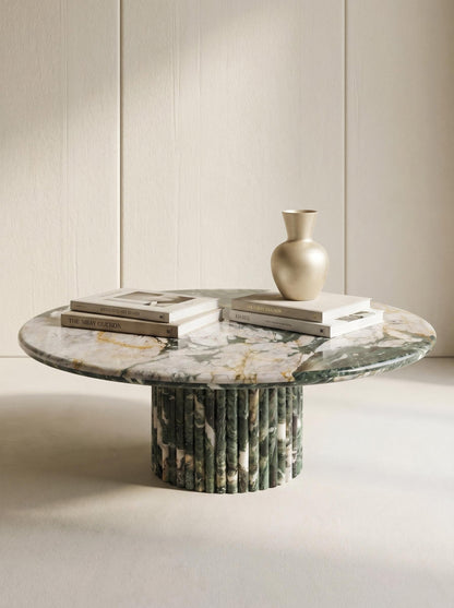 Les Quatre Saisons Natural Marble Round Coffee Table with Organic Petal Pedestal Base | Luxury Stone Furniture