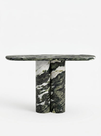 Green Forest Marble Console Table with Oval Shape Top and Double Cylinder Legs